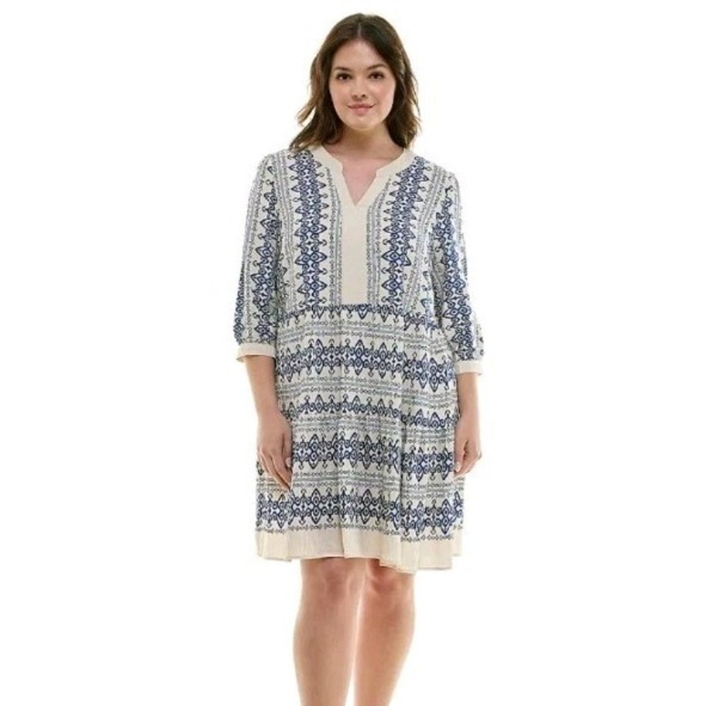 NWT Fig & Flower Cream/Navy Dress Plus Size V-Neck Printed Baby Doll 2X - Picture 1 of 9